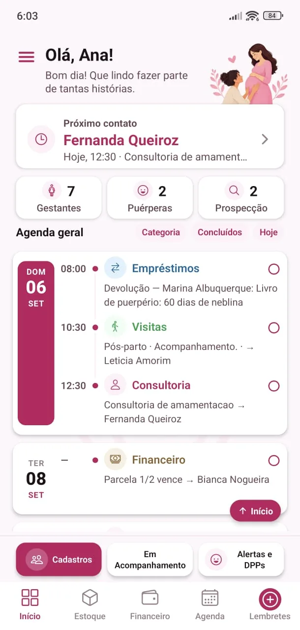 Tela Início do app Gestão Perinatal no celular